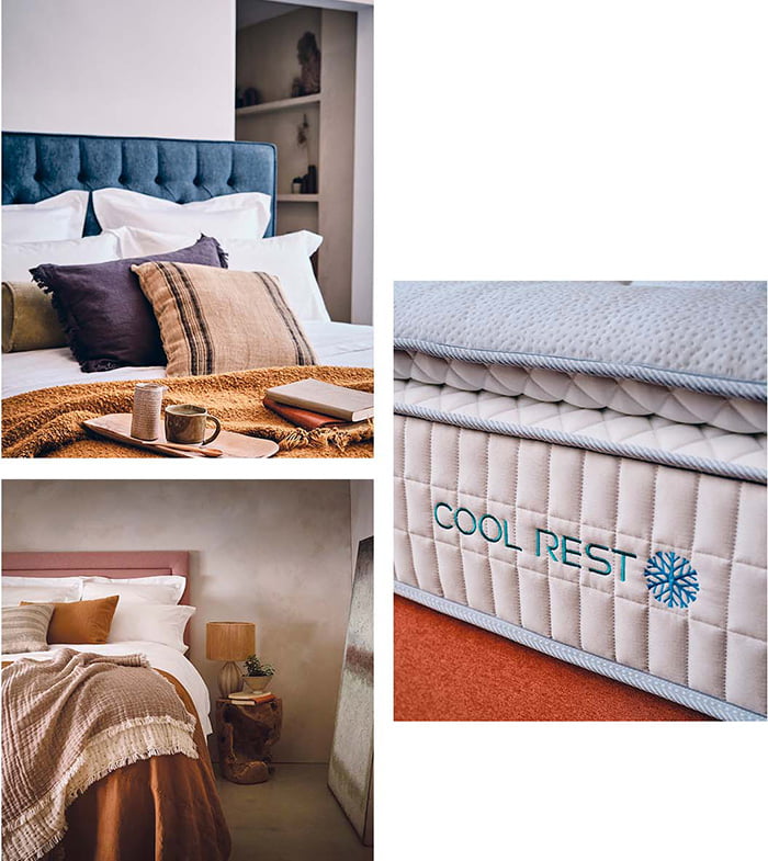 Images of beds and the Cool Rest mattress.