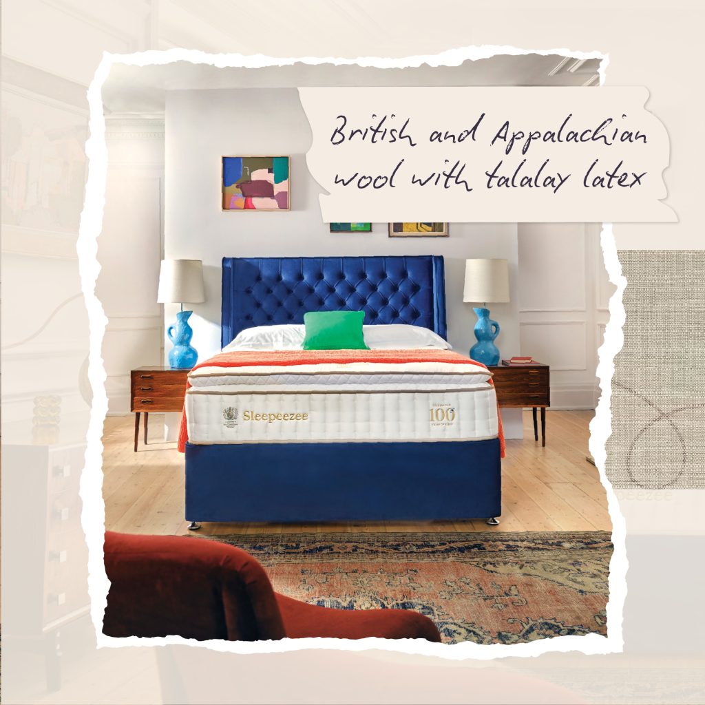 A front-facing shot of the Sleepeezee Centurial 03 mattress with the caption 'British and Appalachian wool with talalay latex'