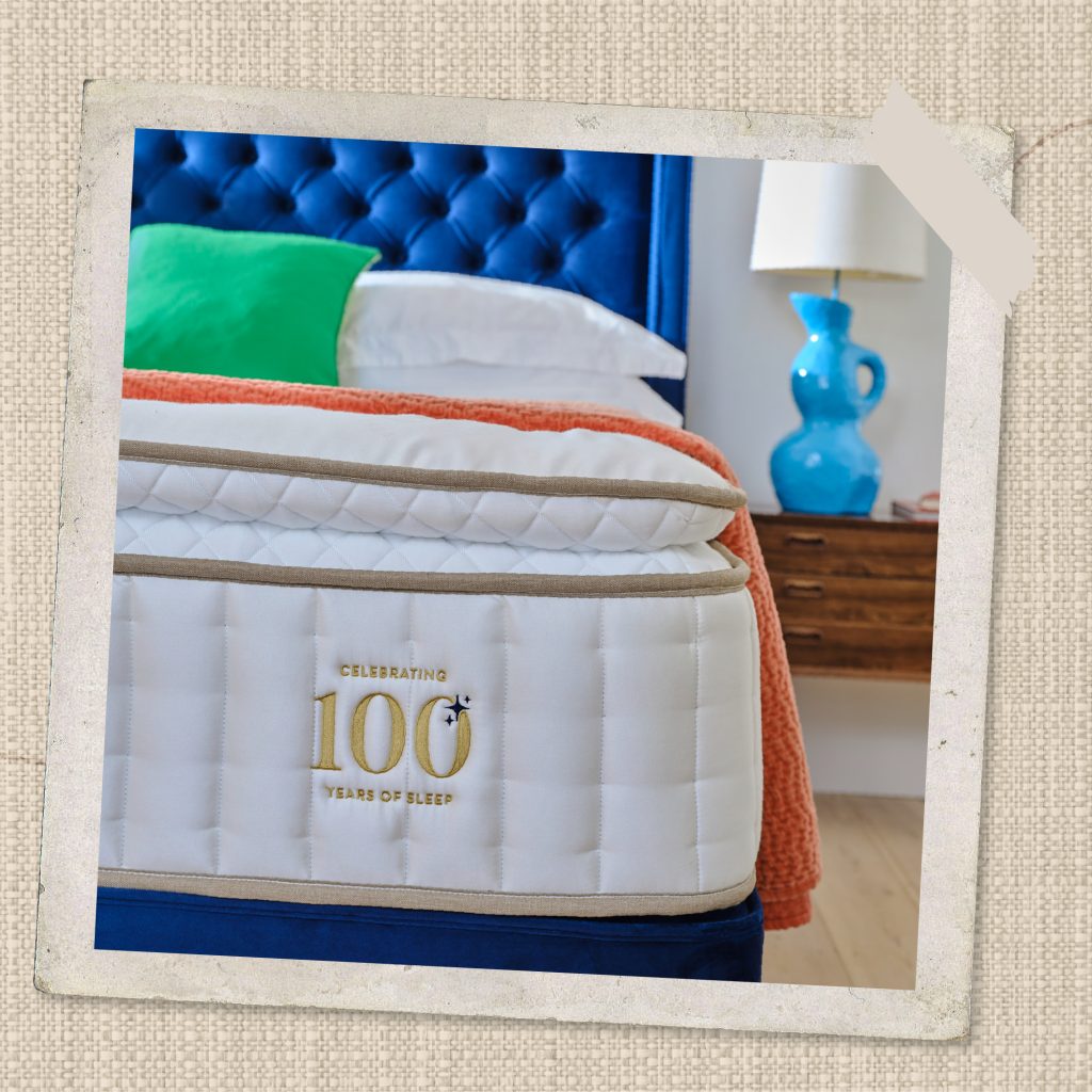 A scrapbook-style photograph displaying the '100 years of sleep' embellishment on a Sleepeezee Centurial 03 mattress