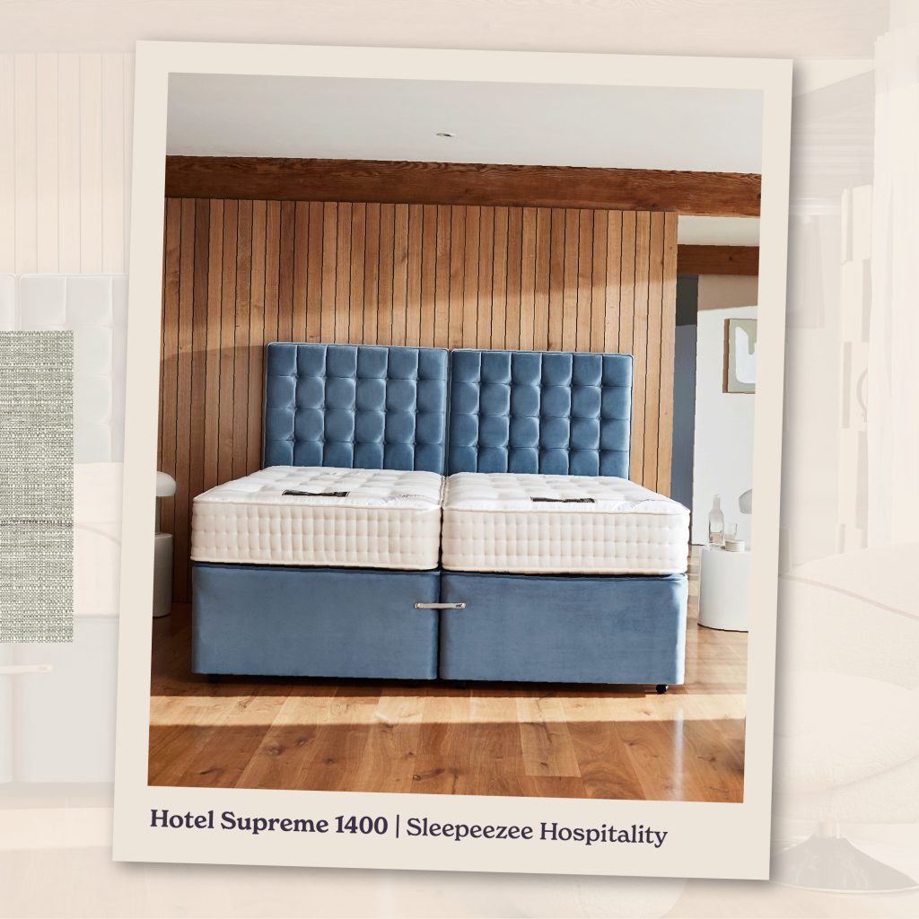 A polaroid-style photograph of the Sleepeezee Hotel Supreme 1400 mattress on a plush blue divan
