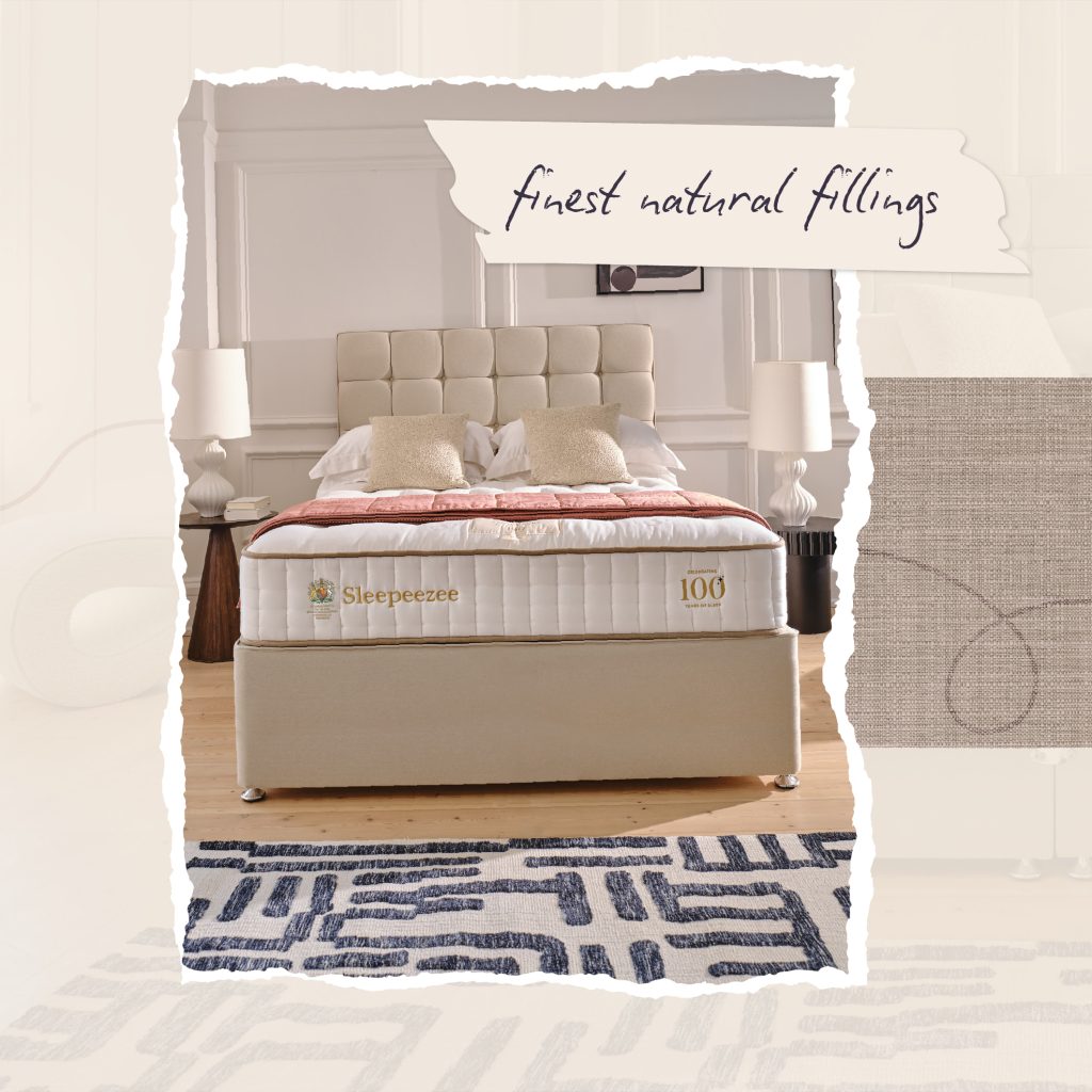 A scrapbook-style photograph of a semi-dressed Sleepeezee Centurial 01 mattress with the caption 'finest natural fillings'