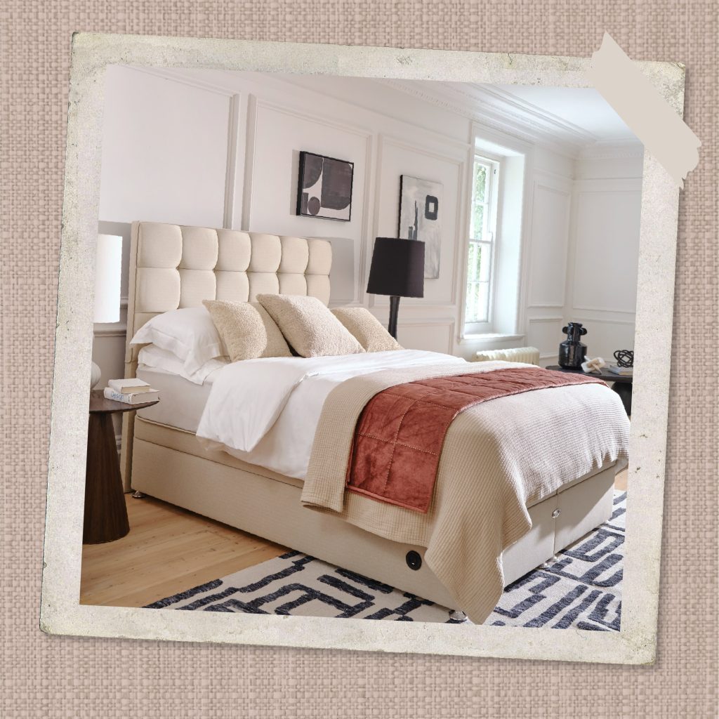 A textured polaroid style photograph of a made Sleepeezee Centurial 01 bed